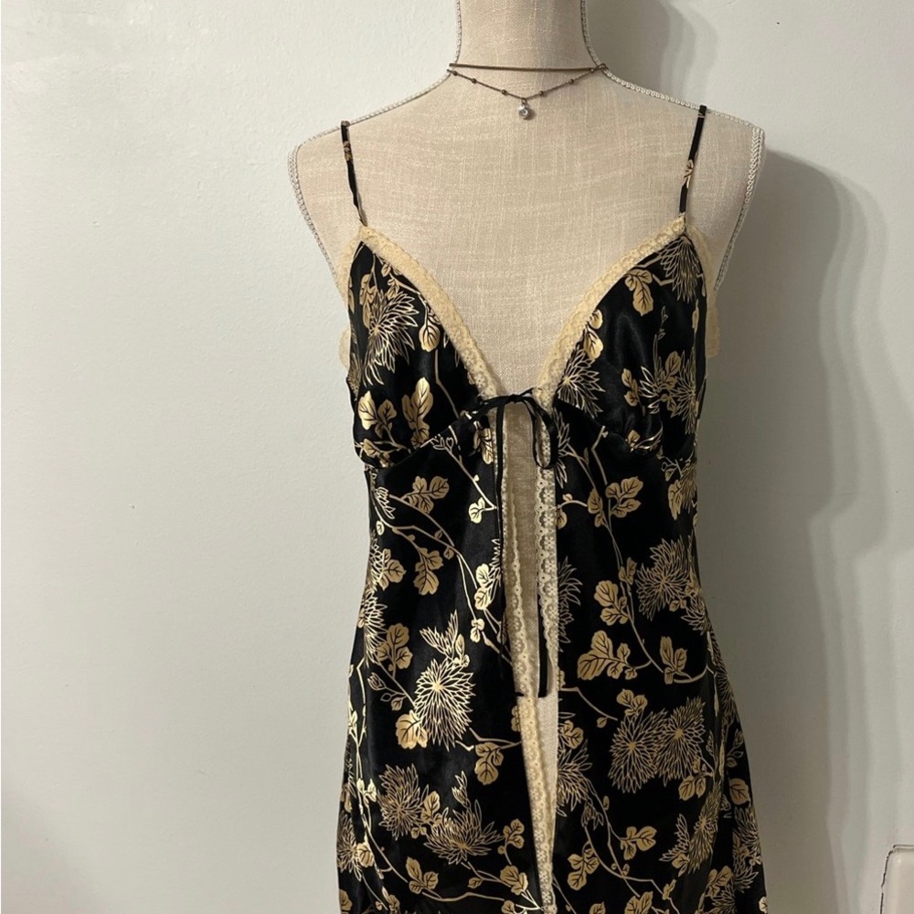 Victoria's Secret Black Satin Slip with Gold Floral Print